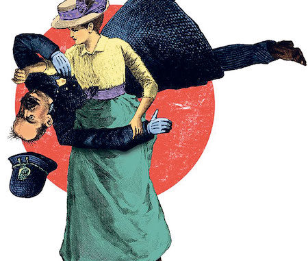 Suffragette effectuant une prise de jujitsu sur un policier